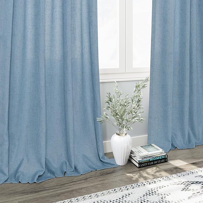 Nanspring Blue Boho Curtains for Bedroom Back Tab Rod Pocket Semi Sheer Linen Curtains 90 Inches Long 2 Panel Set Light Filtering Neutral Dusty Blue Farmhouse Drapes for Living Room 40x90 Inches