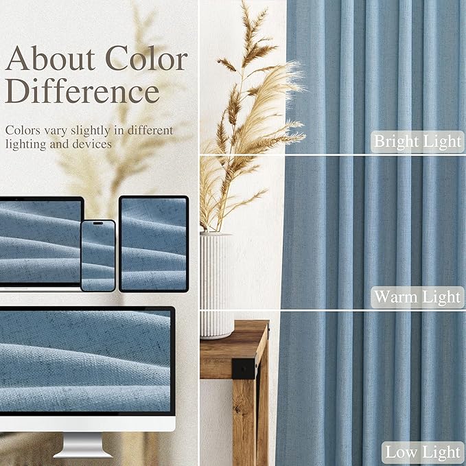 Nanspring Blue Boho Curtains for Bedroom Back Tab Rod Pocket Semi Sheer Linen Curtains 90 Inches Long 2 Panel Set Light Filtering Neutral Dusty Blue Farmhouse Drapes for Living Room 40x90 Inches