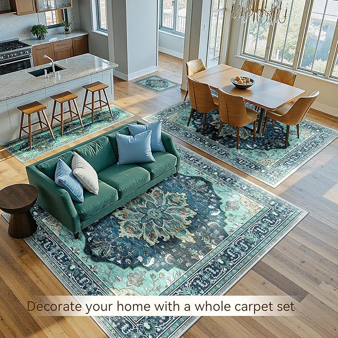 RELEANY Area Rugs 10'x12' Washable Non-Slip, Floral Vintage Distress Print Pattern Medallion Carpet for Living Room Bedroom Dining Room, Teal Green Lake Blue Turquoise
