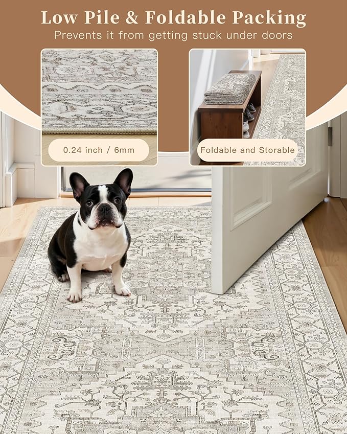 Madane Kitchen Runner Rug - 2x7 Runner Rugs with Rubber Backing Non Slip Vintage Washable Rug Runner Ultra-Thin Throw Carpet Runners for Hallways Bedroom Laundry Room (2'x7', Beige/Brown)