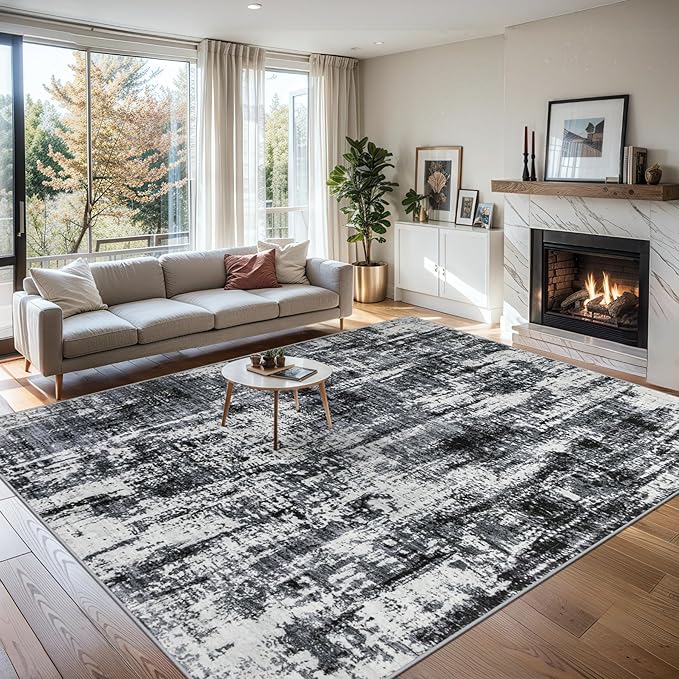 Area Rugs Living Room Rug - 4x6 Washable Modern Abstract Soft Neutral Non-Slip Carpet Large Indoor Floor Thin Carpets for Bedroom Dining Room Farmhouse Nursery Home Office Black