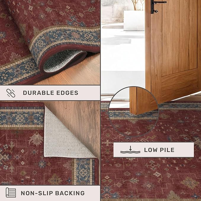 Turkish 4x6 Rug for Living Room Small - Area Rug for Kitchen, Bedside, Foyer Large Entryway Indoor - Washable Stain Resistant Non Slip, Unique Victorian Art Deco, Maroon & Burgundy