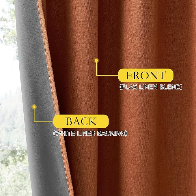 NICETOWN 100% Absolutely Blackout Linen Curtains with Thermal Insulated Liner, Terracotta, 52" Wide, 2 Panels, 84 inches Long Drapes, Grommet Retro Linen Curtains Vertical Drapes Privacy for Bedroom
