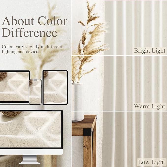Nanspring Warm Beige Linen Curtains Semi Sheer 96 Inches Long 2 Panels Set for Living Room Back Tab Rod Pocket Light Filtering Drape for Bedroom Modern Farmhouse Coastal Decor Protect Privacy 52x96