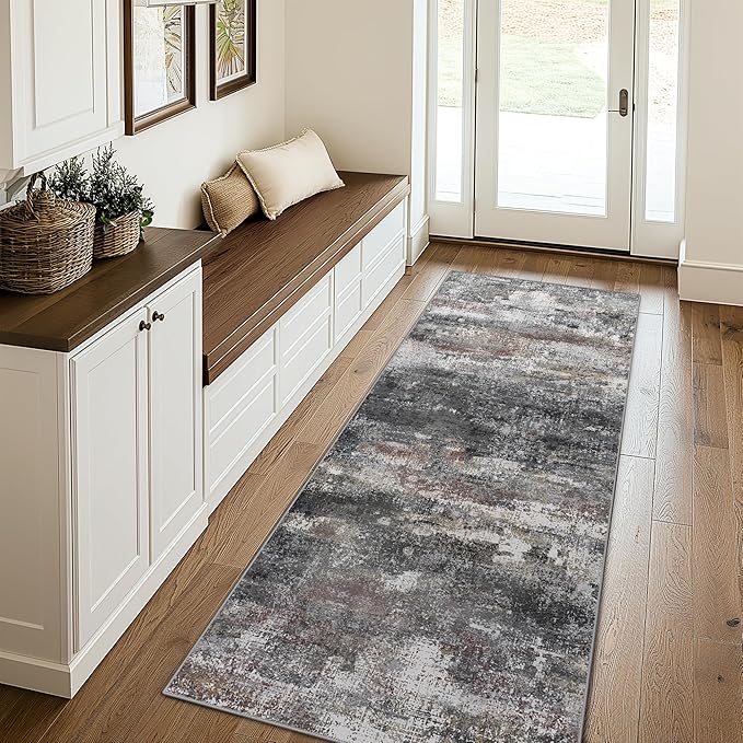Runner Rug for Hallway Kitchen 2x7 Machine Washable Runners Rug for Entryway, Dark Gray Soft Modern Abstract Throw Rugs, Floor Carpet with Non Slip Rubber Backing
