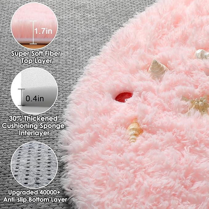 ONASAR Light Pink Round Area Rugs 3ft for Bedroom Living Room, Fluffy Cat Dog Bed Mat, Circle Rug for Kids Girls Boys Teen, Soft Plush Shaggy Carpet for Nursery Dorm Home Decor Aesthetic