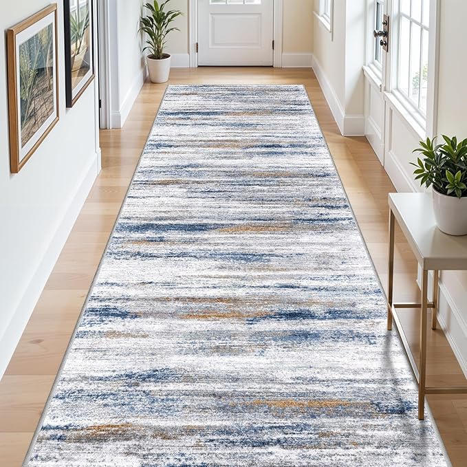 Large Runner Rugs for Hallway 4x20: Non-Slip Washable Wide Carpet - Soft Low-Pile Stain and Spill Resistant Rug for Entryway Living Room Dining Room Balcony Garage Office Navy Grey