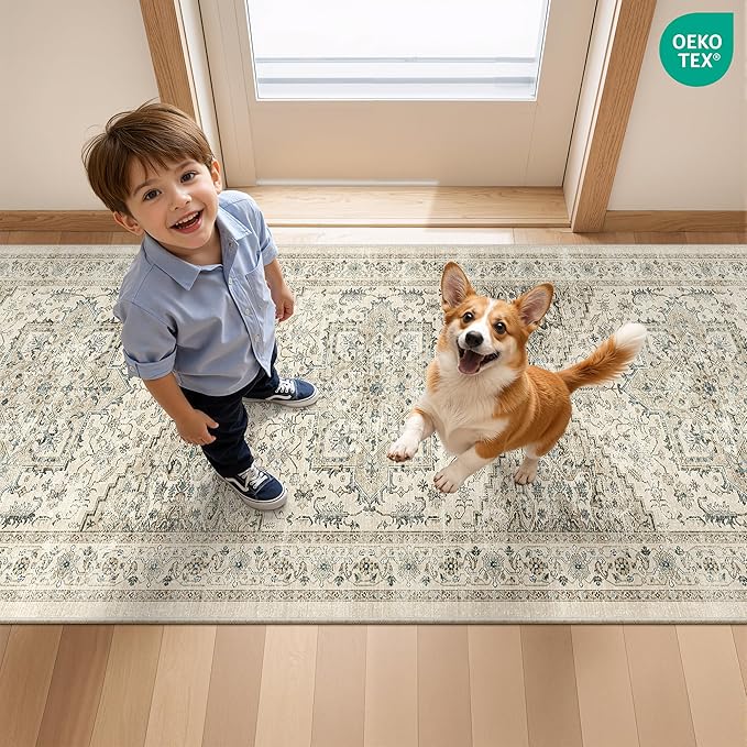 Hallway Runner Rug 2x12, Extra Long Washable Runner Rugs with Rubber Backing, Non Slip Runner, Vintage Rug Runners for Kitchen Laundry Room Entryway (Brown/Beige,2'x12')