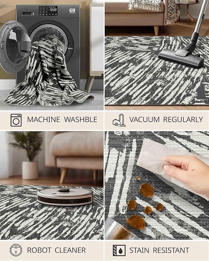 Latte&Fog 5x7 Area Rugs for Living Room Bedroom, Modern Abstract Washable Rug, Boho Non Slip Low Pile Carpet for Indoor Dining Room,Dorm, Classroom, College Dorm,Farmhouse and Kids Room - Black White