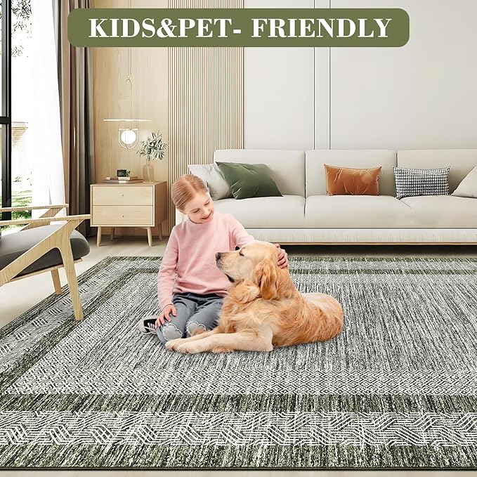 GarveeHome 8x10 Large Washable Area Rug Modern Bordered Rug Distressed Geometric Floor Carpet, Soft Non Slip Rug, Low Pile Non Shedding Rug, Indoor Green Rug for Bedroom, Living Room