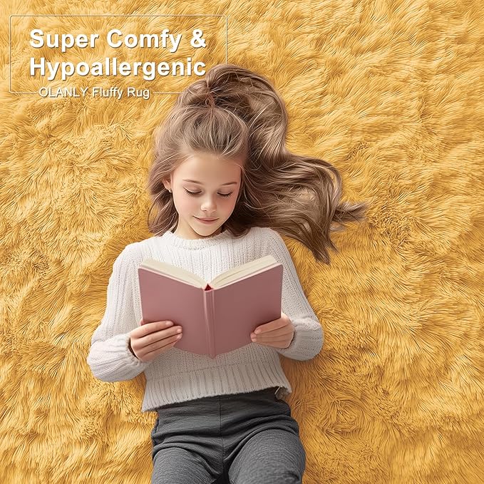 OLANLY 5x8 Machine Washable Large Area Rugs for Living Room, Bedroom, Soft Fluffy Shaggy Bedside Rug, Indoor Floor Carpet for Kids Girls and Boys, Dorms, Nursery, Home Decor Aesthetic, Mustard Yellow