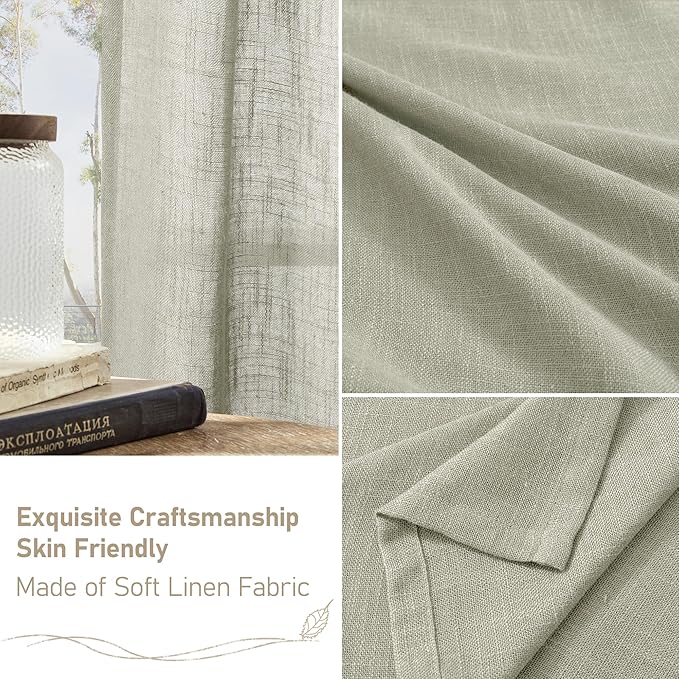 LAMIT Sage Grey Linen Curtains 48 Inch Length 2 Panels, Light Filtering Panels Back Tab and Rod Pocket Neutral Drapes for Kitchen/Window/Loft Room/Bedroom, 34 x 48 Inch