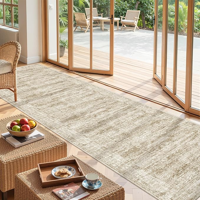 Kitchen Runner Rugs Non Skid Washable - 2.5 x 10 Runner Rug with Anti Slip Backing, Ultra-Thin Soft Rug Runner for Hallway, Bedroom, Living Room (2.5'x10', Brown/Ivory)