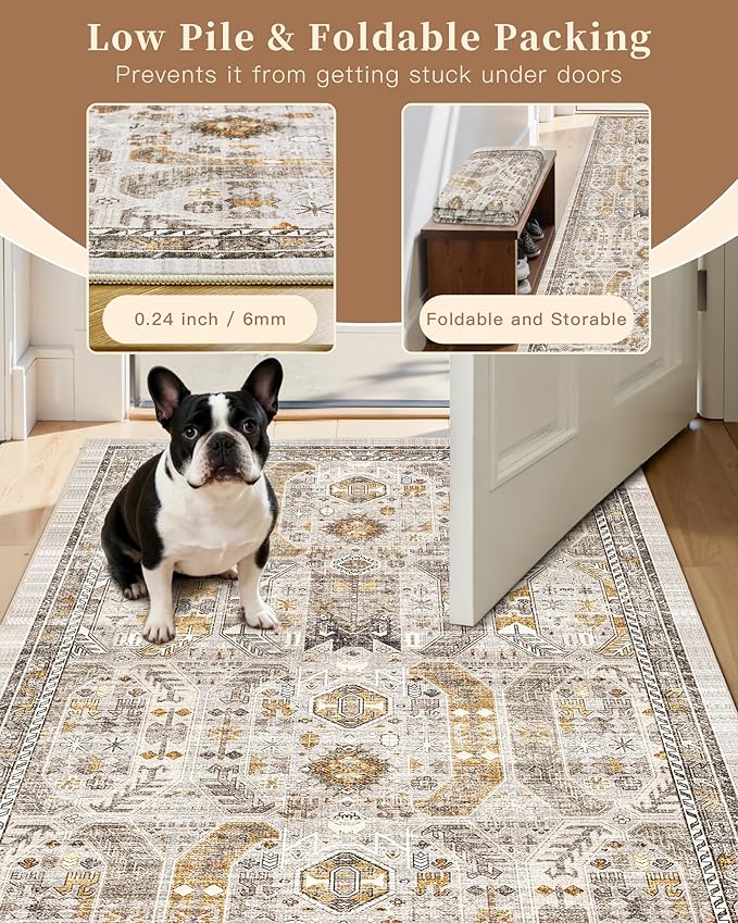 Madane Hallway Runner Rug 2x12, Extra Long Washable Runner Rugs with Rubber Backing, Non Slip Carpet Runner, Vintage Rug Runners for Kitchen Laundry Room Entryway (Brown/Gold, 2'x12')