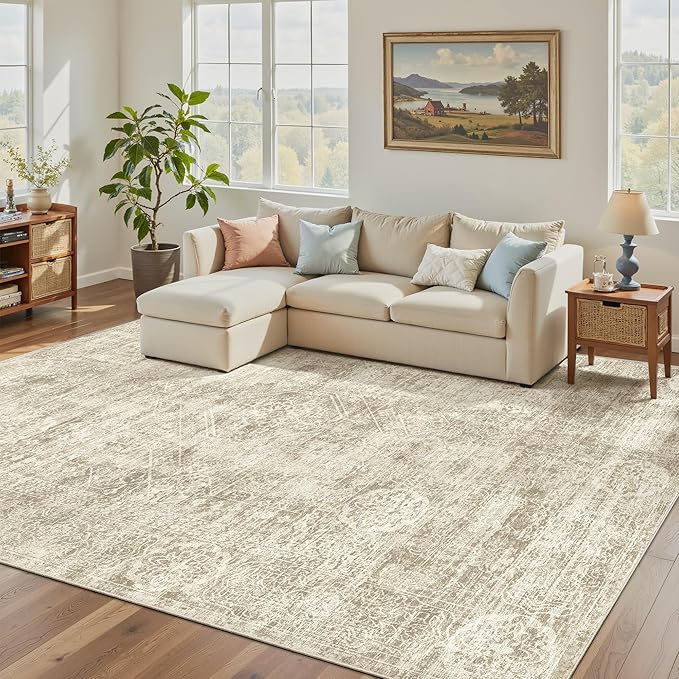 Madane 6x9 Area Rugs for Living Room, Machine Washable Vintage Beige Rug with Non-Slip Backing, Soft Throw Rugs, Thin Stain Resistant Carpet for Bedroom Dining Room Farmhouse Home Office
