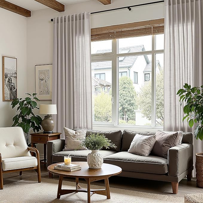 Stone Grey Linen Curtains 108 Inches Long for Living Room Simple Modern Light Filtering Semi Sheer Curtain Back Tab Rod Pocket Neutral Luxury Floor to Ceiling High Window for Bedroom 52x108, 2 Panels