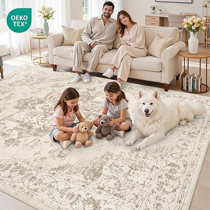 Area Rugs 9x12 Living Room: Vintage Boho Neutral Washable Rug Indoor Soft Large Area Rug Carpet for Bedroom Nursery Farmhouse Dining Room Office Floor Non-Slip Low Pile Under Table Rug Beige/Ivory