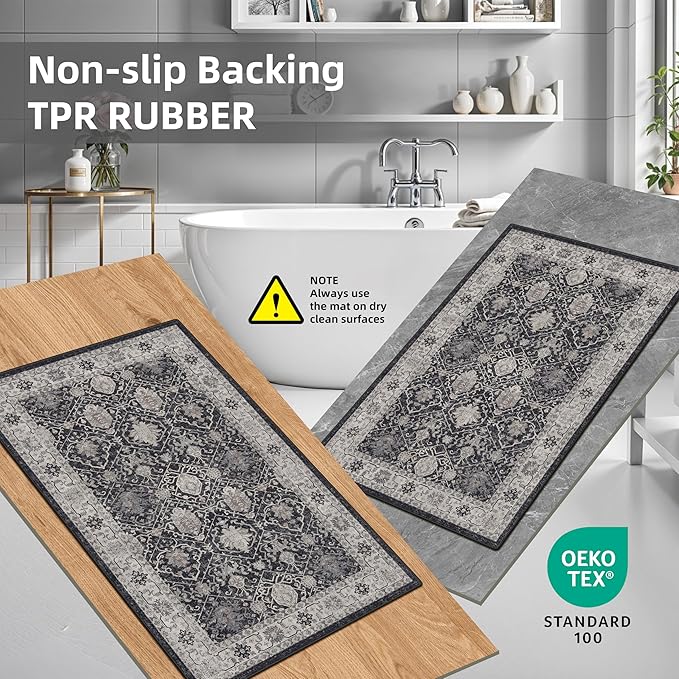 Washable 4-Piece Kitchen Floor Mats: Farmhouse Non-Slip Kitchen Sink Rug Easy Clean Water-Resistant Runners for Hallway Bathroom Soft Decorative Carpet for Pet Feeding Area(2x3+2x4+2x5+2x6,Black)