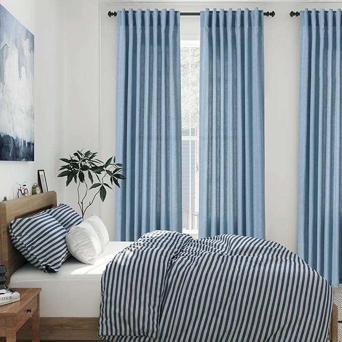 Nanspring Blue Linen Blend Semi Sheer Light Filtering Curtains 86 Inches Long 2 Panel Set Pocket Back Tab Privacy Home Decor Curtain Drapes for Bedroom Living Room 52x86