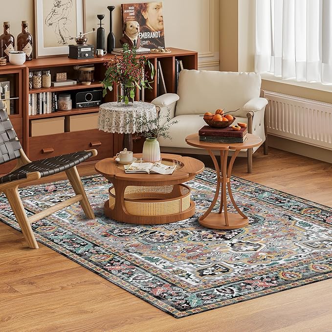 Washable Area Rug 6' x 9' Vintage Traditional Persian Mat - Foldable Distressed Non-Slip Machine Washable Carpet for Living Room Bedroom Kitchen Home Decor - Slate and Multicolor