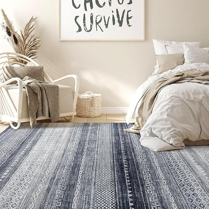 Nakagishi 8x10 Area Rugs Living Room: Washable Boho Large Neutral Soft Modern Rug Stain Resistant Moroccan Non Slip Indoor Floor Carpet for Bedroom Nursery Kids Playroom Office Dining Room- Blue