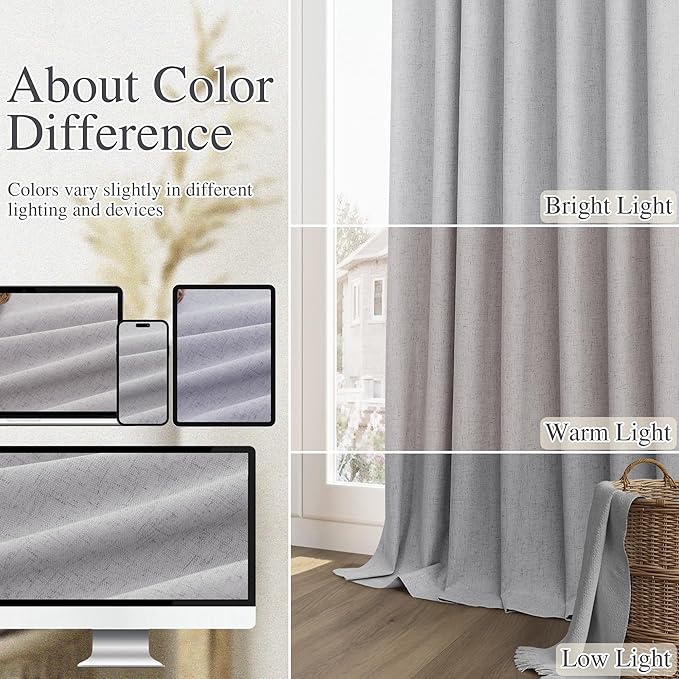Guken Grey 100% Blackout Curtains 120 Inch Length 2 Panels Set for Living Room Bedroom Back Tab Thermal Insulated Black Out Linen Drapes Room Darkening Window Curtains 52x120