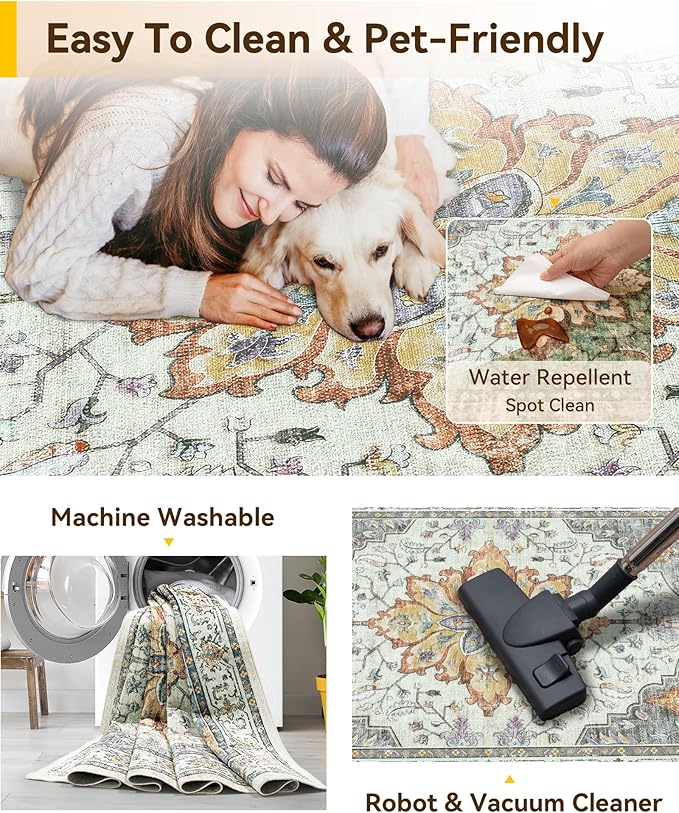 Area Rugs 2'6''x8' Runner Rug Non Slip Washable for Kitchen Hallway Bedroom Beside Laundry Room Bathroom Rug, Floor Carpet, Light Yellow Carbon Grey Orange