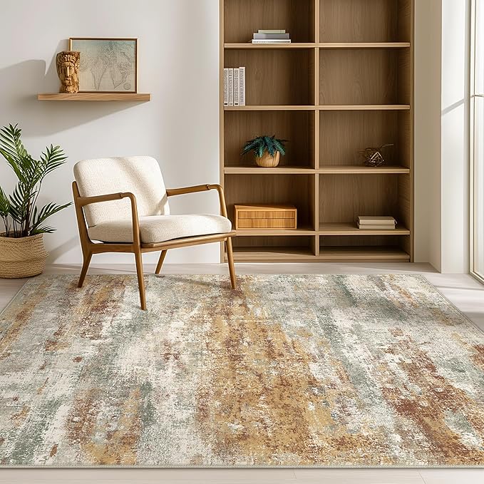 Area Rugs 6x9 for Living Room Bedroom, Modern Abstract Machine Washable Rug, Soft Low Pile Floor Cover with Non Slip Backing for Dining Room, Orange Green