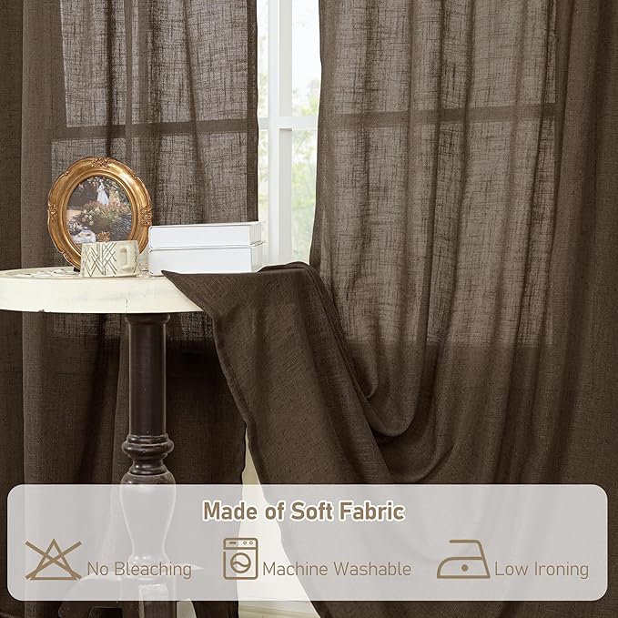 LAMIT Linen Curtains 60 Inch Length 2 Panels, Light Filtering Panels Back Tab and Rod Pocket Neutral Drapes for Bedroom/Window/Living Room, Dark Brown, 34 x 60 Inch