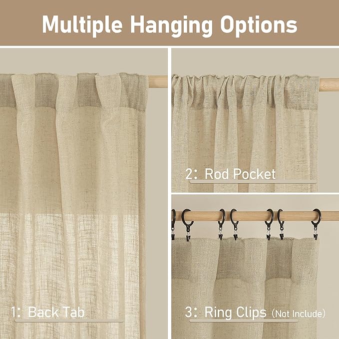 LAMIT Light Filtering Linen Curtains 78 inches Long for Bedroom, Faux Linen Textured Semi Sheer Back Tab and Rod Pocket Boho Modern Drapes for Living Room/Farmhouse, Linen, 2 Panels, 52 x 78 Inch