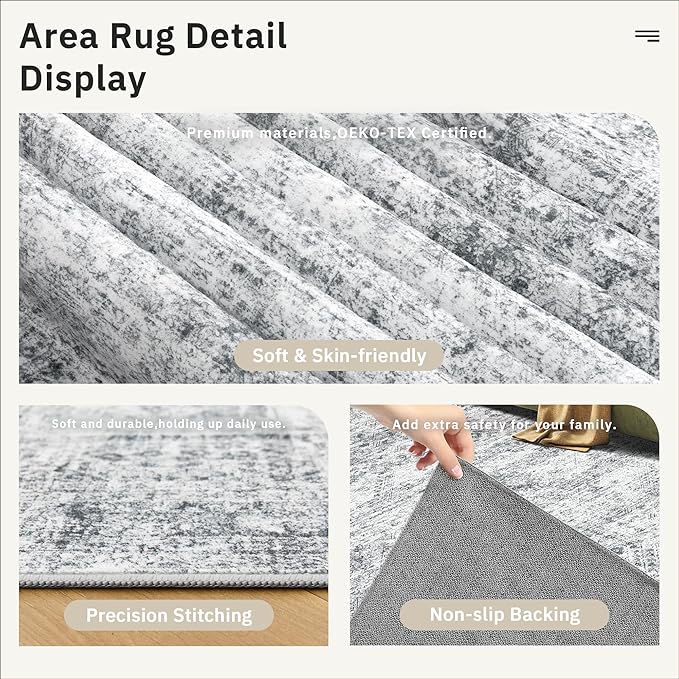 Soalmost 3x5 Rug, Small Area for Kitchen, Entryway, Machine Washable Non-Slip Throw Rug, Vintage Carpet for Nursery Coffee Table Grey