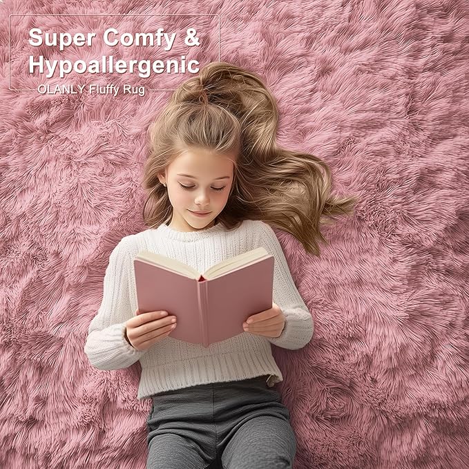 OLANLY 6x9 Machine Washable Large Area Rugs for Living Room, Bedroom, Soft Fluffy Shaggy Bedside Rug, Indoor Floor Carpet for Kids Girls and Boys, Dorms, Nursery, Home Decor Aesthetic, Pale Pink
