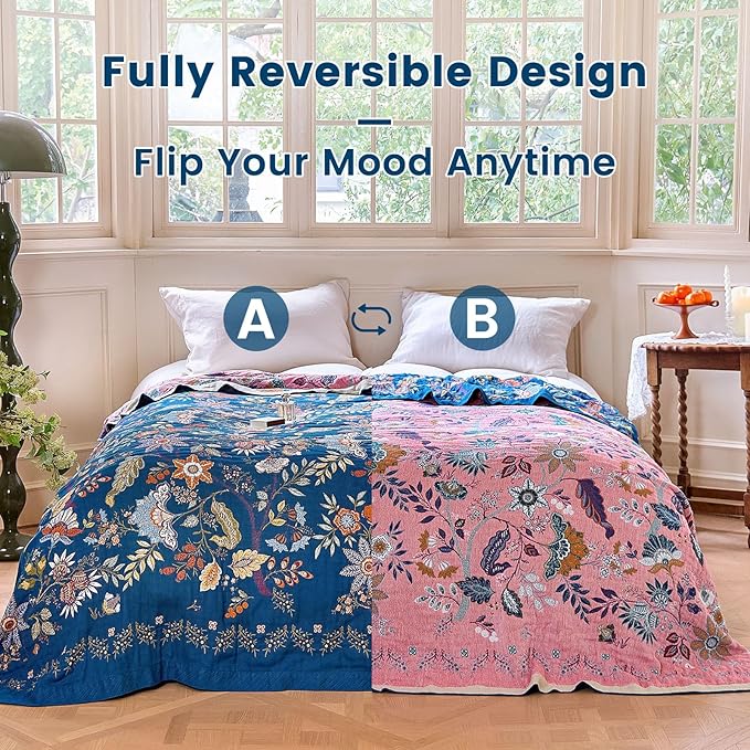MSGKV Boho Throw Blanket for Bed 60"x80" 100% Cotton Twin Floral Blanket Spring Breathable Lightweigh Muslin Home Decorative Blankets for Couch