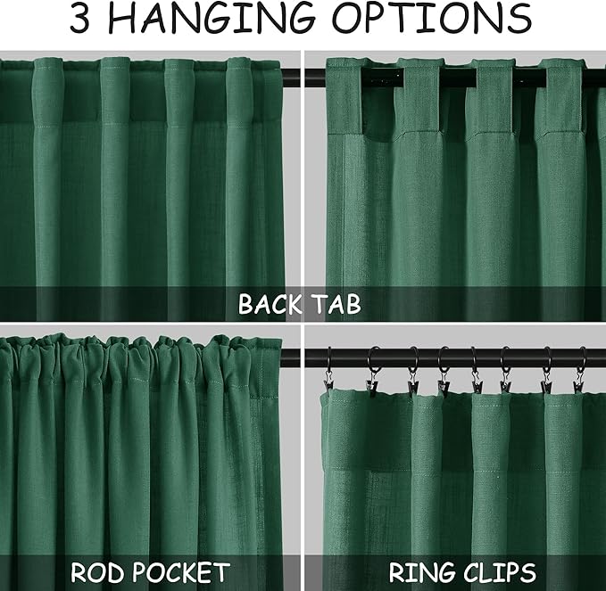 Extra Long Dark Green Linen Curtains 120 Inch for Living Room 2 Panels Set Rod Pocket Back Tab Linen Window Drapes Semi Sheer Light Filtering Privacy High Ceiling Drapes for Farmhouse 52x120