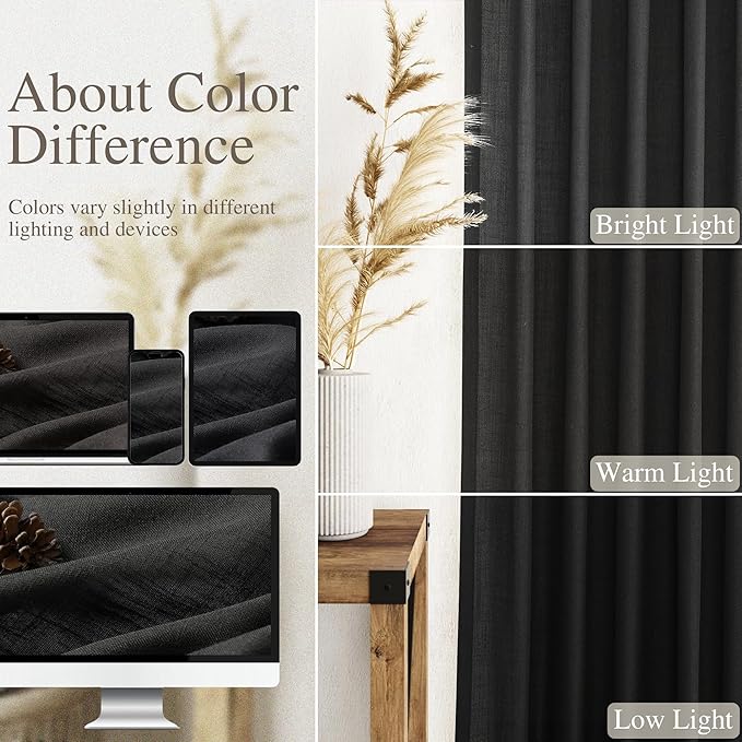 Nanspring Black Linen Curtains 30 Inch Length Short Kitchen,Privacy Linen Blend Light Filtering Panels Back Tab and Rod Pocket Cafe Drapes for Half Window 26 x 30 Inch,2 Panels