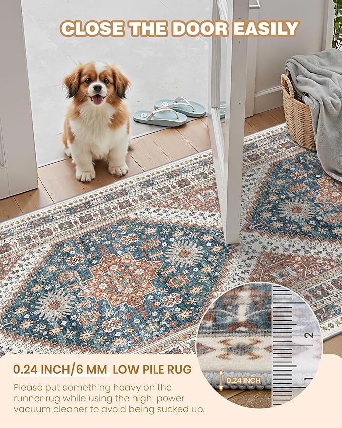 Washable Runner Rug 2.5x16, Non-Slip Long Kitchen Mats for Floor, Vintage Rug for Entryway, Soft Hallway Runner for Dining Room, Bedroom, Living Room(Blue/Red,2.5'x16')