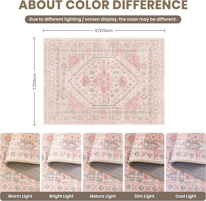 zesthome 7x9 Washable Rugs for Baby Girl, Super Soft Pink Rugs for Nursery Room, Non-Slip Stain Resistant Bedroom Rug, Ultra-Thin Large Area Rug (Pink/Blue,7'x9')