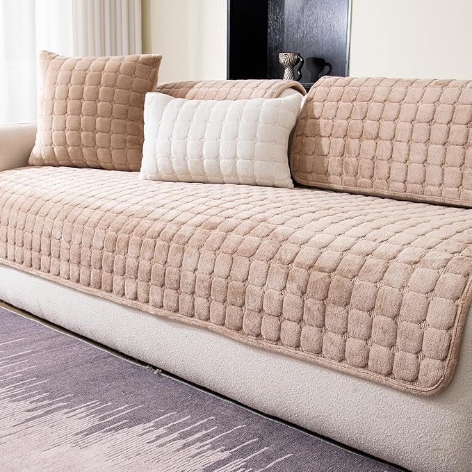 Velvet Couch Cover, Washable Sectional Sofa Cover, Anti Slip Sofa Slipcover for 3 Cushion Couch Sofa L Shaped Armrest Backrest, Furniture Protector Covers for Pets Kids(Khaki, Only 1 PCS)