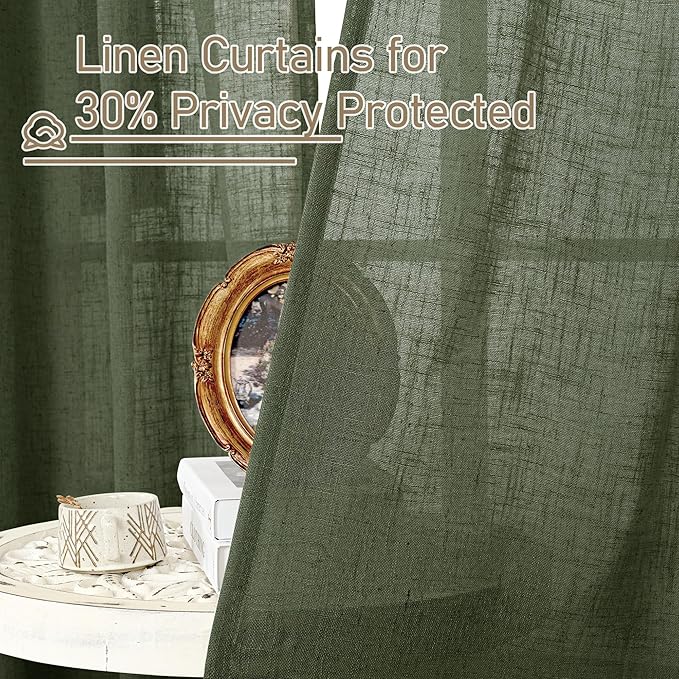 LAMIT Extra Wide Linen Curtains for Bedroom, Olive Green Light Filtering Faux Linen Textured Panels Semi Sheer Back Tab and Rod Pocket Boho Drapes for Living Room, 2 Panels, 60 x 84 Inch