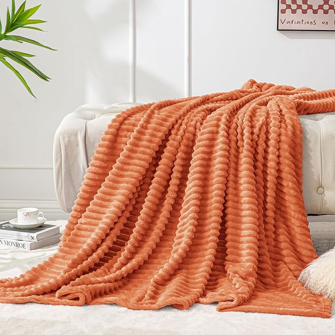 BEDELITE Fleece Blanket Twin Size – 3D Ribbed Jacquard Soft and Warm Decorative Fuzzy Blankets – Cozy, Fluffy, Plush Lightweight Throw Blankets for Couch, Bed, Sofa(Orange, 60x80 inches)