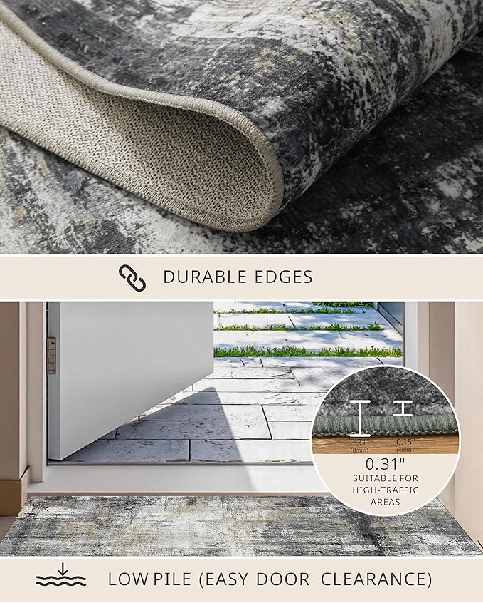 Latte&Fog 3x5 Entryway Rug, Vintage Washable Area Rug, Boho Non Slip Low Pile Throw Carpet for Indoor Bedroom Bedside, Kitchen, Entry and Living Room - Black Gold