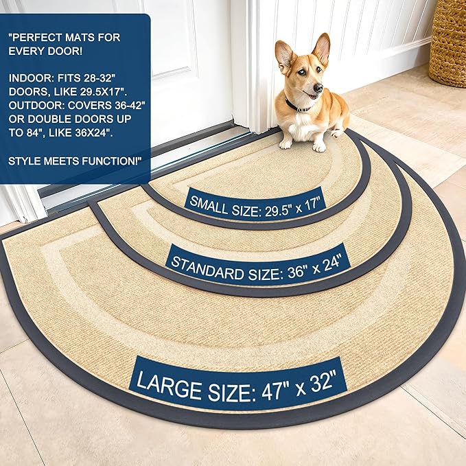 OLANLY Half Circle Door Mat Indoor Outdoor Entrance Welcome, Waterproof All-Season, All-Weather Doormat, Sturdy Natural Rubber, Low Profile, Easy Clean Patio Porch Entryway Mat, 33x21, Beige