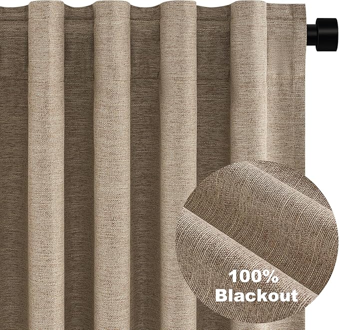Topfinel Total Blackout Curtains 72 Inches Long 2 Panels for Bedroom Burlap Linen Heavy Insulated Bay Window Curtains Boho Farmhouse Drapes for Bedroom/Cabin/Kitchen Dark Brown Flax(W52 x L72)