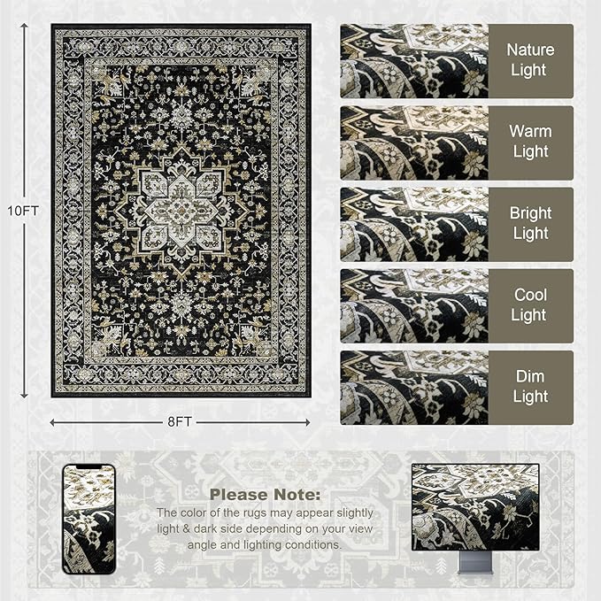 8x10 Area Rugs for Living Room: Washable Rug Soft Vintage Boho Medallion Carpet Indoor Non-Slip Stain Resistant Large Carpets for Bedroom Dining Room Farmhouse Nursery Home Office Black Gold