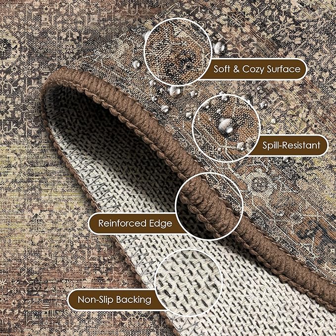 Washable Area Rug 8' x 10' Vintage Traditional Persian Mat - Foldable Distressed Non-Slip Machine Washable Carpet for Living Room Bedroom Kitchen Home Decor - Umber and Slate