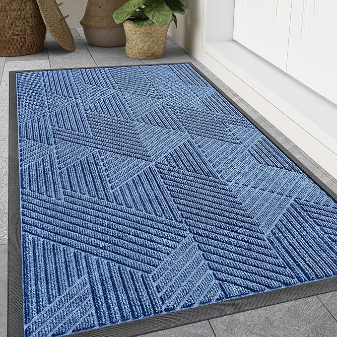 Smiry Front Door Mat Outside Entrance, Heavy Duty Sturdy Natural Rubber Doormat, Trap Dirt and Moisture, Easy Clean Low Profile Welcome Floor Mats for Indoor Outdoor Entry, 71x23 Inch, Blue