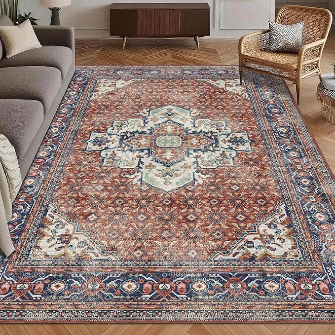 Washable Area Rug 4' x 6' Vintage Traditional Persian Mat - Foldable Distressed Non-Slip Machine Washable Carpet for Living Room Bedroom Kitchen Home Decor - Terracotta and Navy