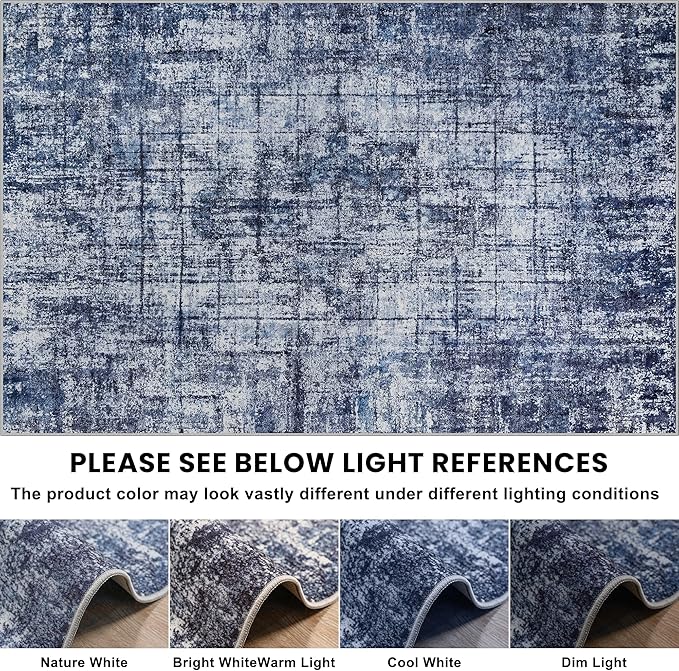 9x12 Area Rugs for Living Room Washable Rug: Anti-Skid Abstract Modern Living Room Rug Soft Thin Carpets Indoor Floor Non-Shedding Carpet for Bedroom Dining Farmhouse Nursery Navy Light Gray