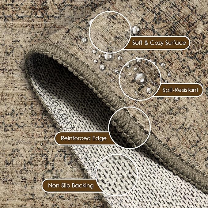 Washable Area Rug 6' x 9' Vintage Traditional Persian Mat - Foldable Distressed Non-Slip Machine Washable Carpet for Living Room Bedroom Kitchen Home Decor - Mocha and Taupe